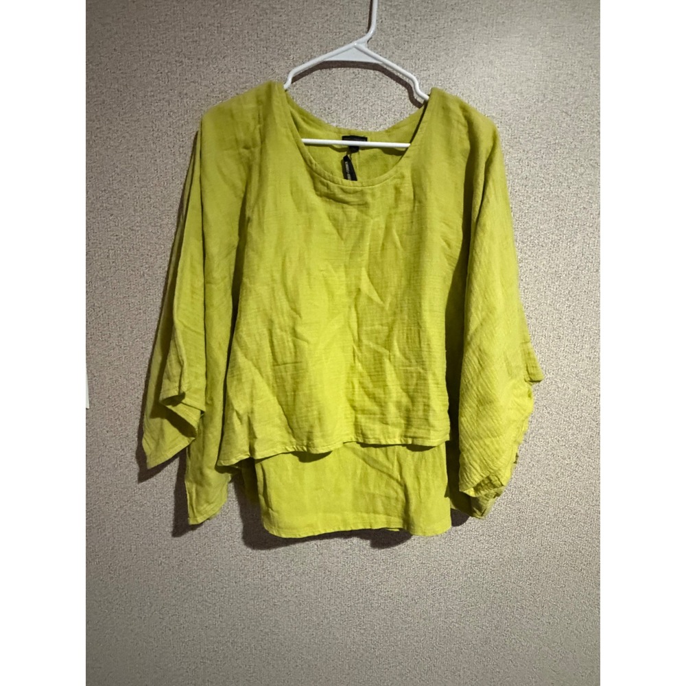 Coco + Carmen Lime Green Cotton Gauze Layered Blouse Kimono Sleeve Top L XL